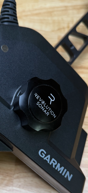 Billet Revolution Sonar transducer knob installed on a Garmin LiveScope transducer mount