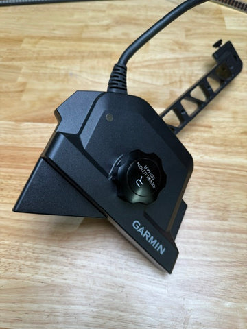 LVS34 to LVS42/44 adapter installed between a Garmin LiveScope transducer and the RS1 rail, with the Revolution Sonar billet knob